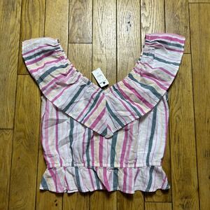 Sample Express Striped Ruffle V-Neck Peplum Crop Top Pink Yellow Green Small